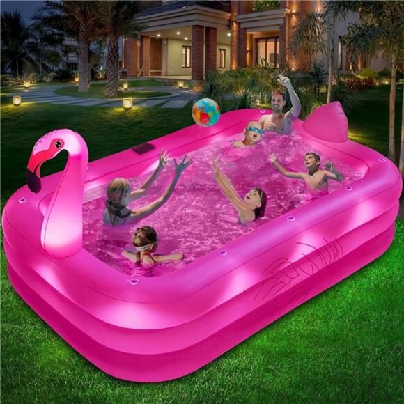 Inflatable Family Pool with Lights Solar Flamingo Swimming Pool 105"x65"x25" - Picture 1 of 7